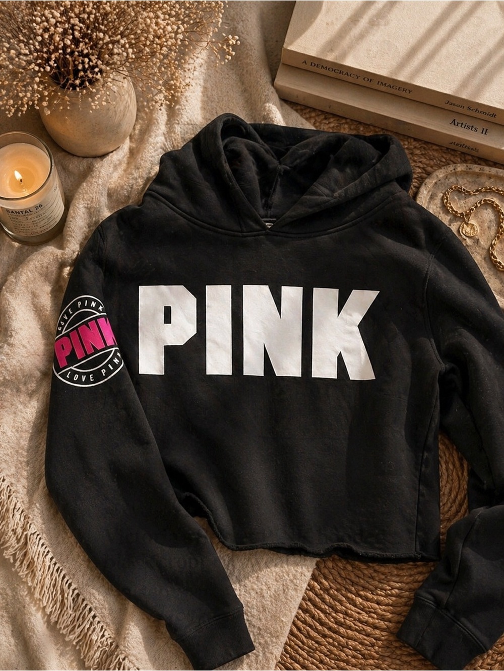 Victoria’s Secret PINK hooded black cropped sweatshirt XS